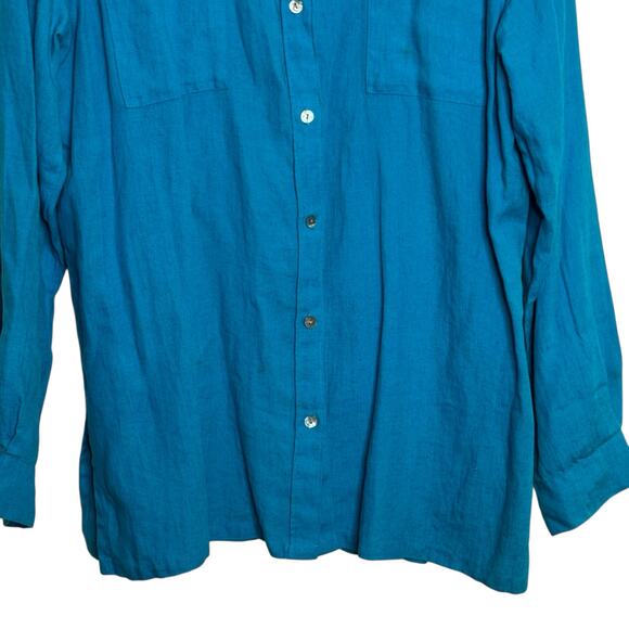 Chico's Size 2 (12-14) Turquoise 100% Linen Button Up Blouse Lino For - Picture 3 of 7